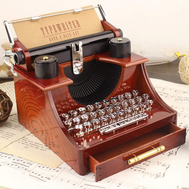 Vintage Style Wood Metal Typewriter Music Box, Creative Classic Desktop Home Office Decor, Musical Toy Gift