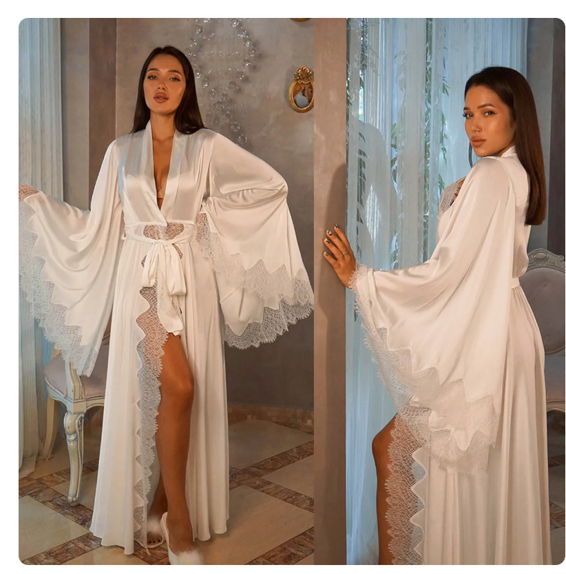 Black Silk Satin Women Robes Sleepwear, Kimono Pajamas, Lace Trim Wedding Dress, Long Pure Silk Bride Gown