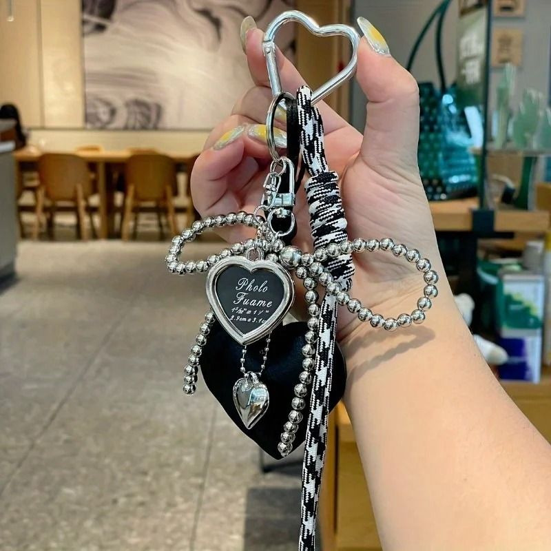 Trendy Leather Heart Bow Delicate Beaded Keychain