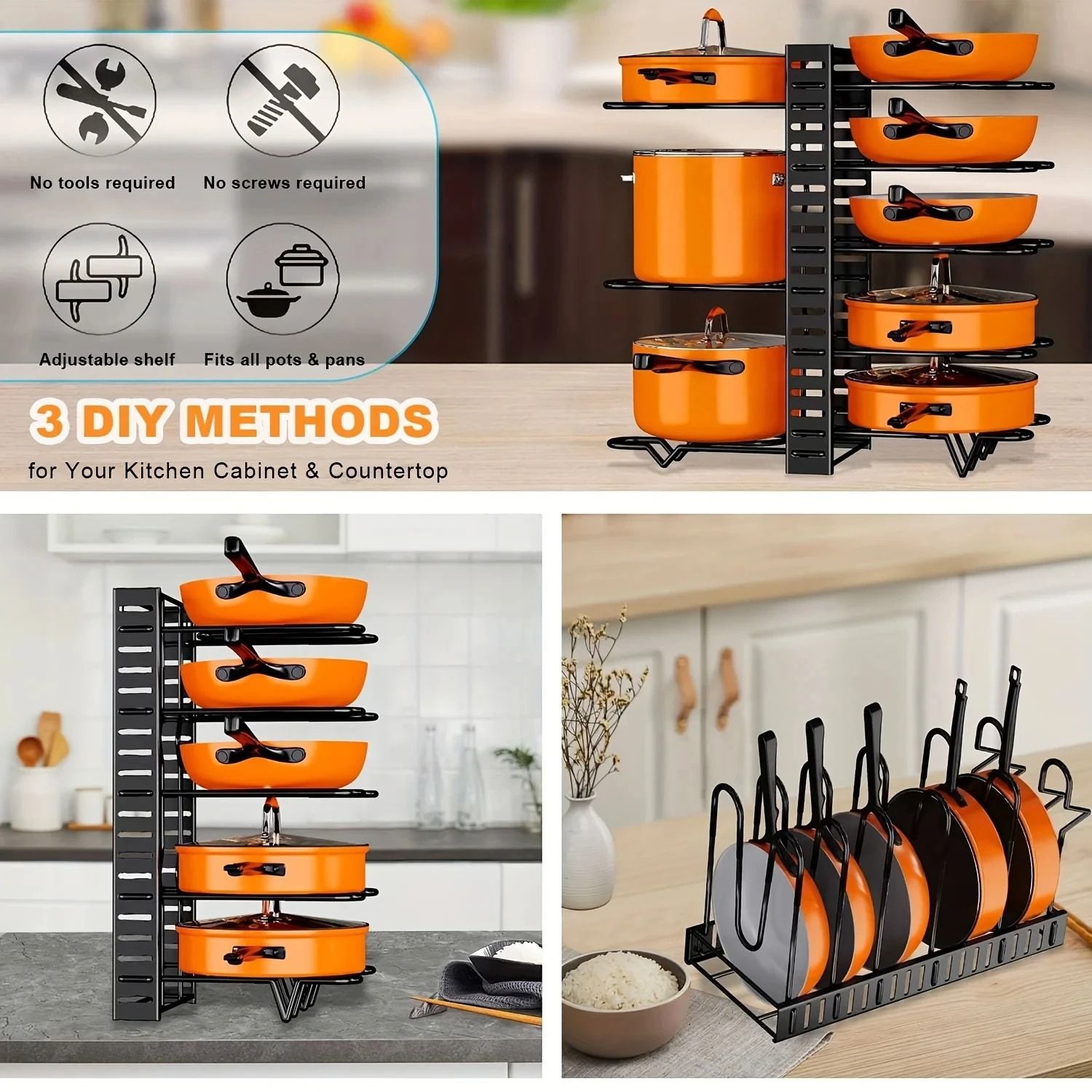 Space-Saving 8-Tier Pot Rack Organizer – Adjustable Metal Holder for Pans, Pots and Lids