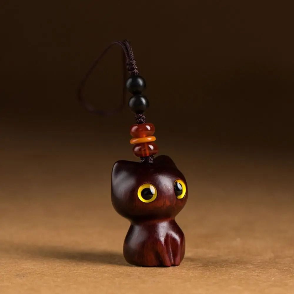 Creative Cute Cat Shape Lucky Blessing Charm Sandalwood Keychain Pendant
