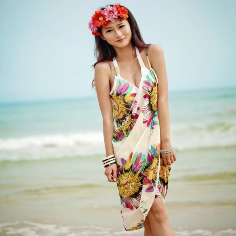 Printed Halter Chiffon Beach Dress, Sexy Bikini Wrap Pareo Skirts, Women Cover ups, Open Back Swimwear, Summer Beach