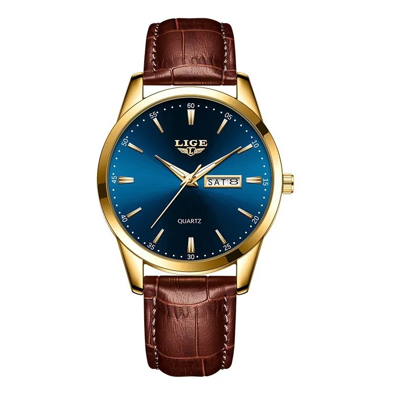 LIGE Executive Waterproof Men's Leather Quartz Watch with Luminous Date & Week Display