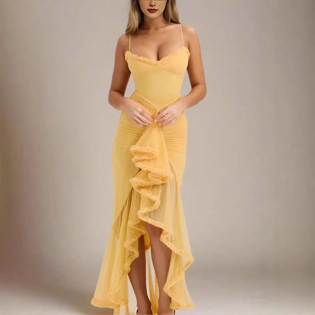 Elegant Ruched Mesh Camisole Dress – Ruffled Sleeveless Flowy Party Dress