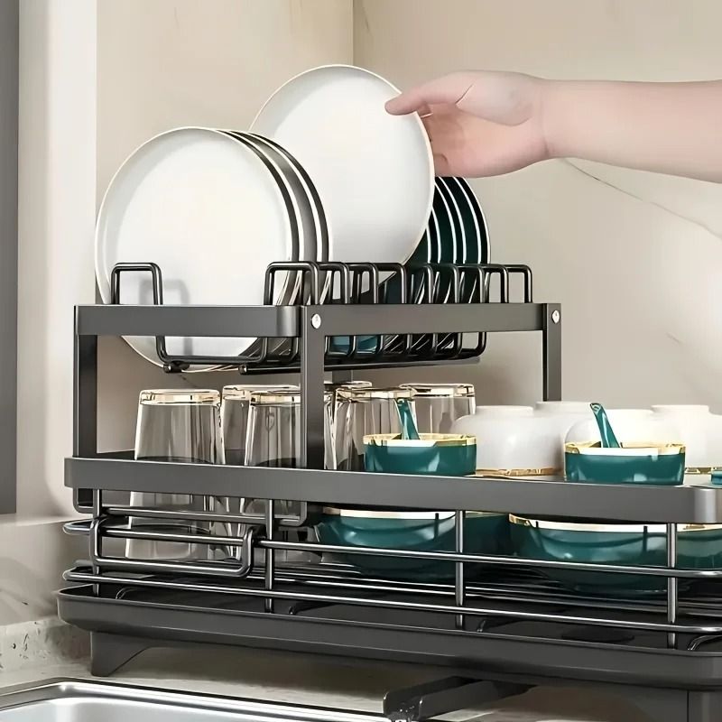 Double-Tier Extendable Dish Drainer – High-Capacity Utensil Rack & Kitchen Draining System