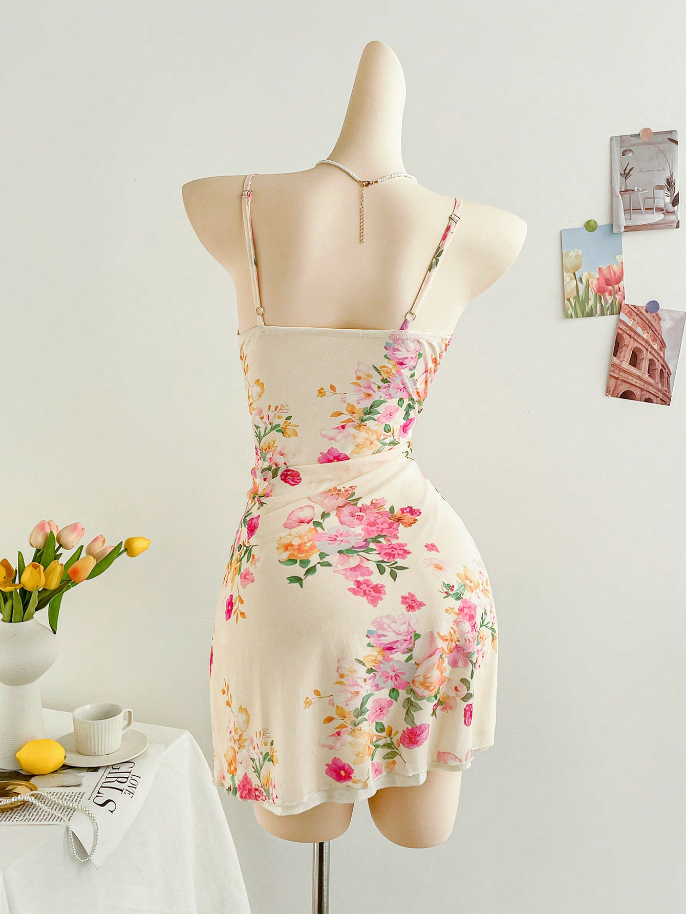 Figure Hugging Mesh Floral Print Halter Dress, Stylish Elegant Womens Party Wear