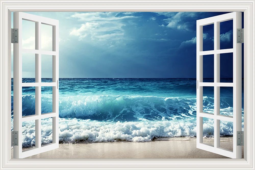 3D Beach Window View Wall Sticker – Ocean Sky Landscape Peel & Stick PVC Wallpaper