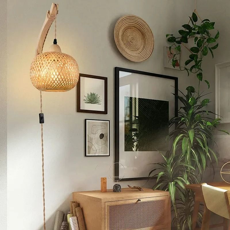Bamboo Lantern Wall Lamp – Hand-Woven Natural Rattan Wicker Light Fixture