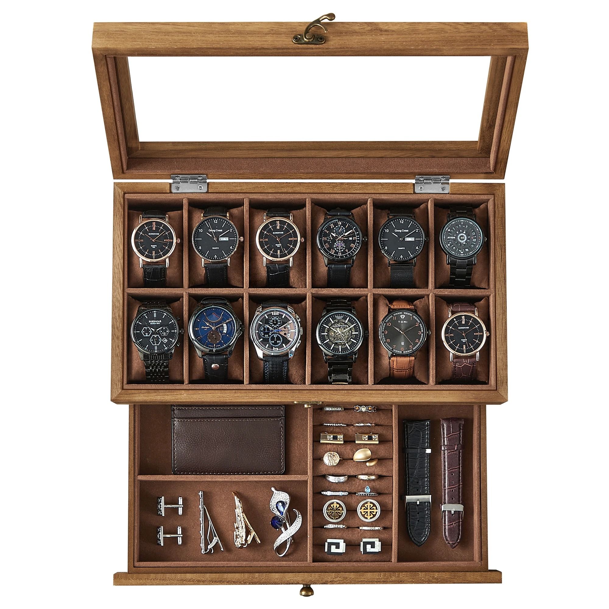 Two Tier Watch Box with Glass Lid Velvet Lining and Removable Pillows