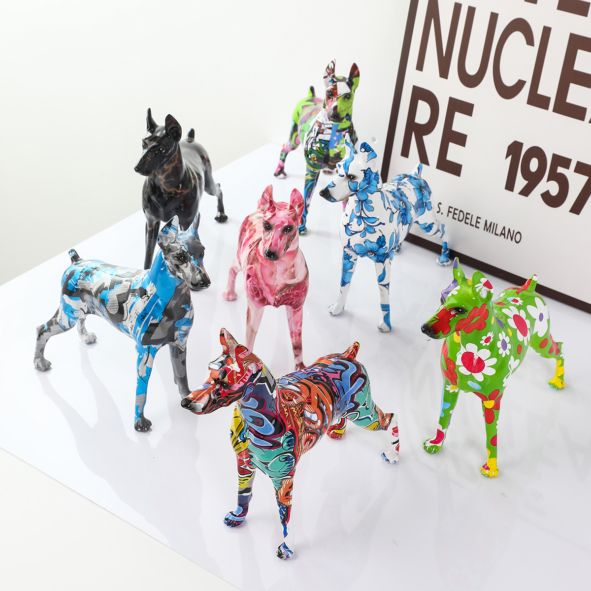 Creative Painted Graffiti Doberman Dog Statue, Unique Home Entrance and Office Decor, Resin Craft for Pet Lovers