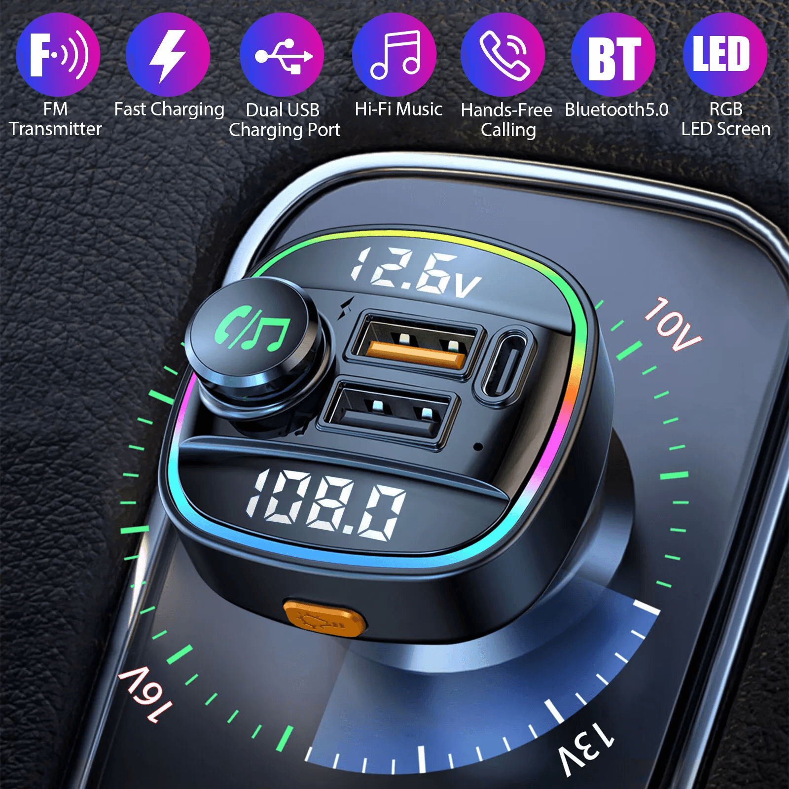 Bluetooth Car Wireless FM Transmitter Adapter with USB PD Charger, AUX & Hands-Free Calling, 7-Color LED, LCD Display