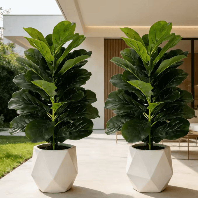 3FT Artificial Fiddle Leaf Fig Tree 2-Pack with White Geometric Pot Realistic Faux Indoor Outdoor Plant Decor