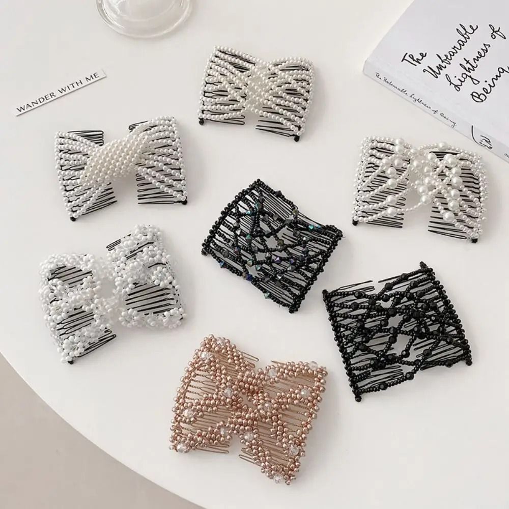 Elegant Pearl Elastic Magic Hair Comb and Butterfly Fancy Clip