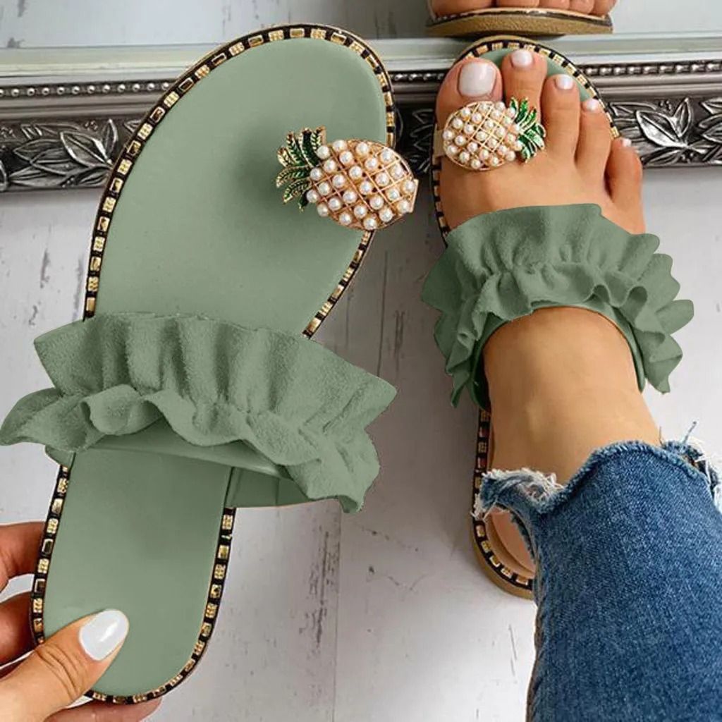 Bohemian Flat Sandals with Pineapple Pearl Accent