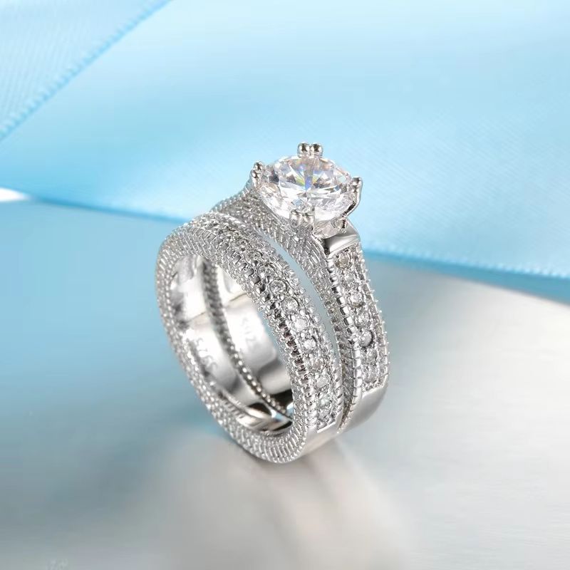 Elegant 925 Silver Wedding Engagement Couple Rings Set