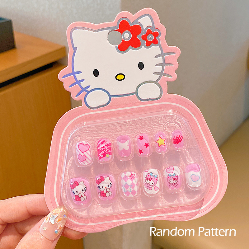 3D Rhinestones Sanrio Hello Kitty, Kuromi, My Melody Kids Press-On Nails with Bows, Self-Adhesive Nail Stickers