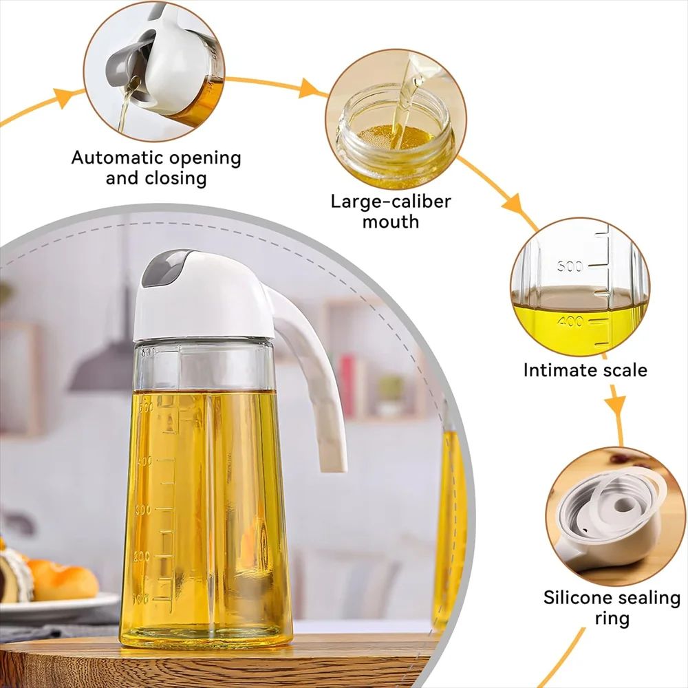 Auto Flip Glass Olive Oil Dispenser Bottle 630ml – Leakproof One-Hand Pour Oil & Vinegar Dispenser