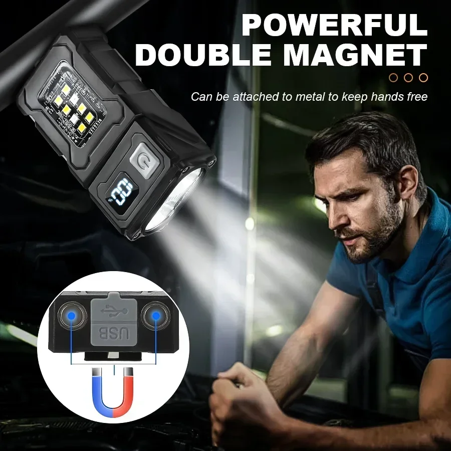 Portable Super Bright LED Flashlight, Rechargeable with Clip, Magnetic Hanging, Side Emergency Light for Camping Hiking