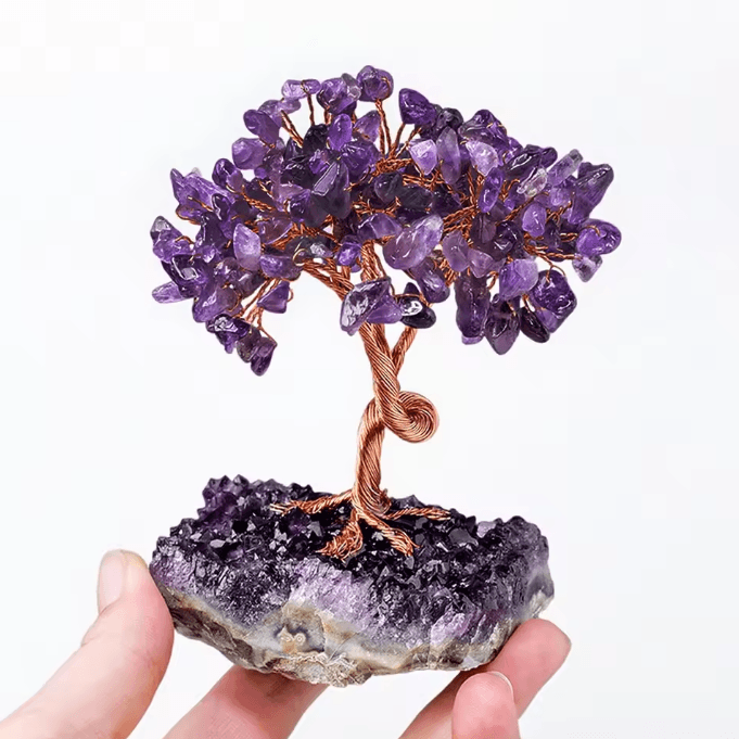Amethyst Crystal Tree of Life – Wire Wrapped Healing Crystal Bonsai Decor with Natural Stone Base