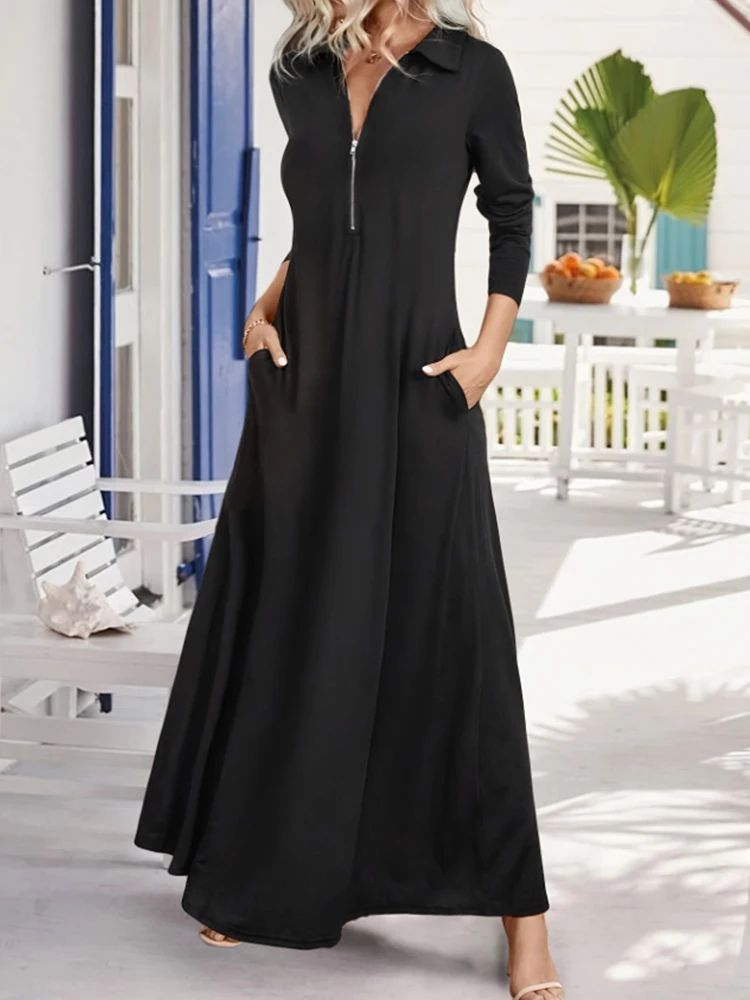 Elegant Long Sleeve Maxi Dress with Pockets – Spring-Autumn Slim Shirt Dress