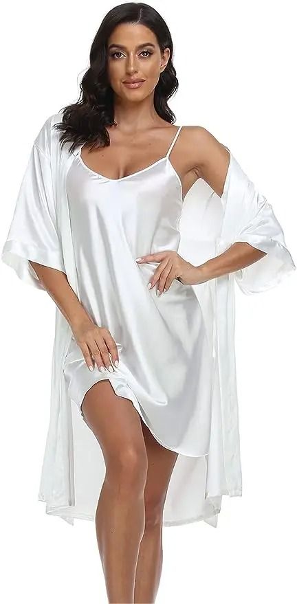 Silk Satin 2-Piece Pajama Set – Professional Sexy Silky Pj Robe with Chemise Nightgown
