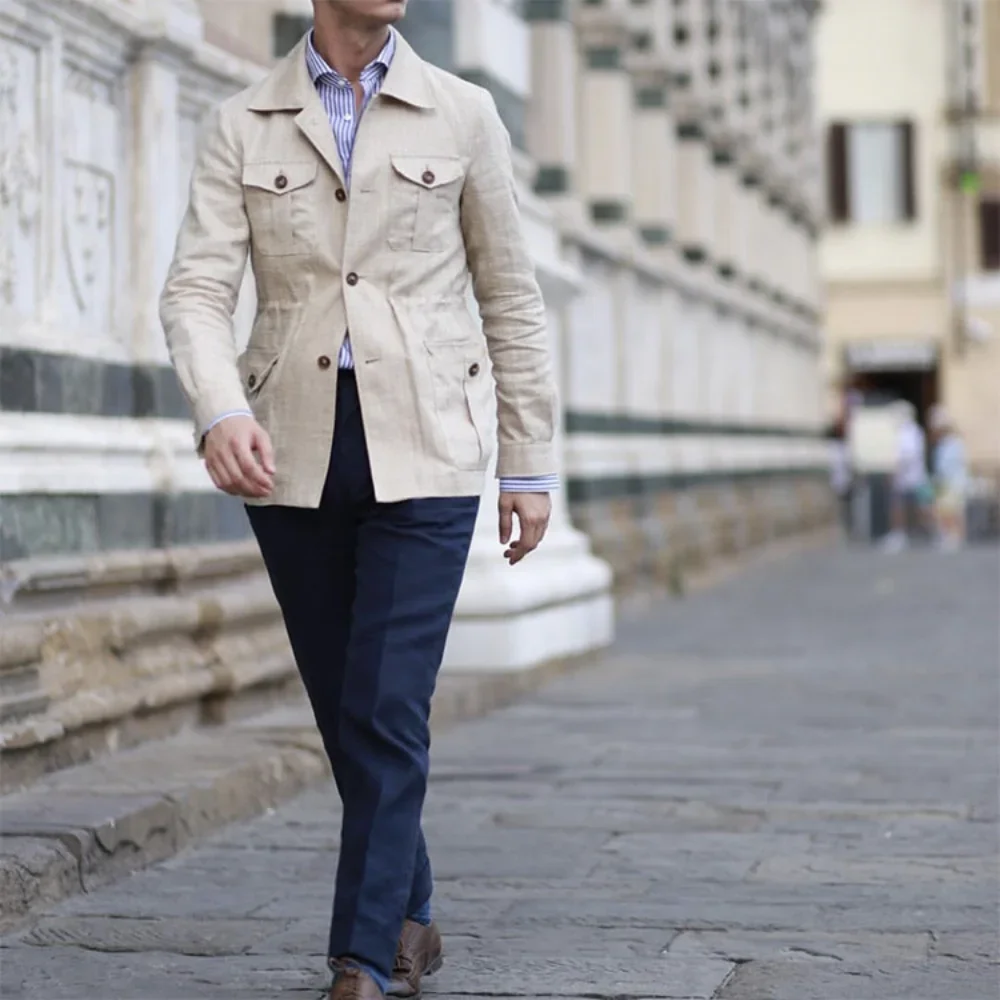 Mens Coats Safari Jacket Linen British Retro Gentry Suit Pockets Outerwear Fashion Solid Color Male Tops Lightweight