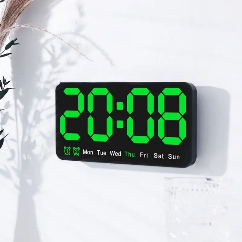 Voice Control Digital Wall Clock Large LED Display with Temperature and Dual Alarm