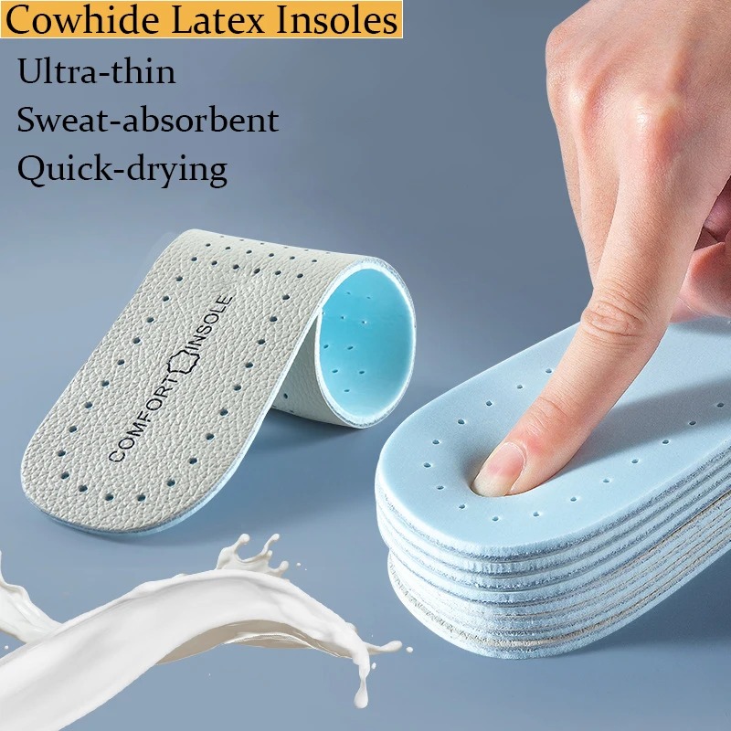 Comfortable Latex Cowhide Insoles with Arch Support Thin Soft Sports Shoe Pad for Shock Absorption, Breathable