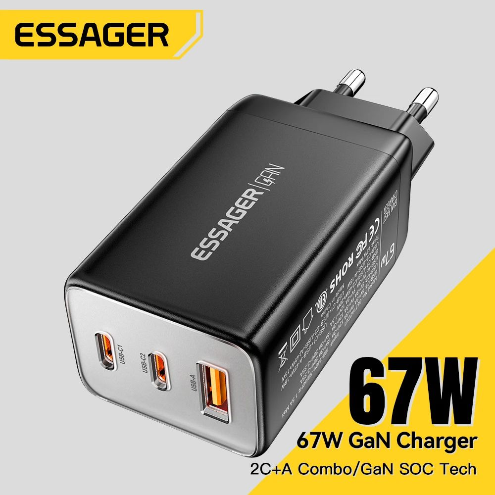 Essager 67W GaN USB-C Fast Charger – PD 3.0 QC 3.0 3-Port Wall Charger for iPhone, Samsung, Xiaomi & Laptops