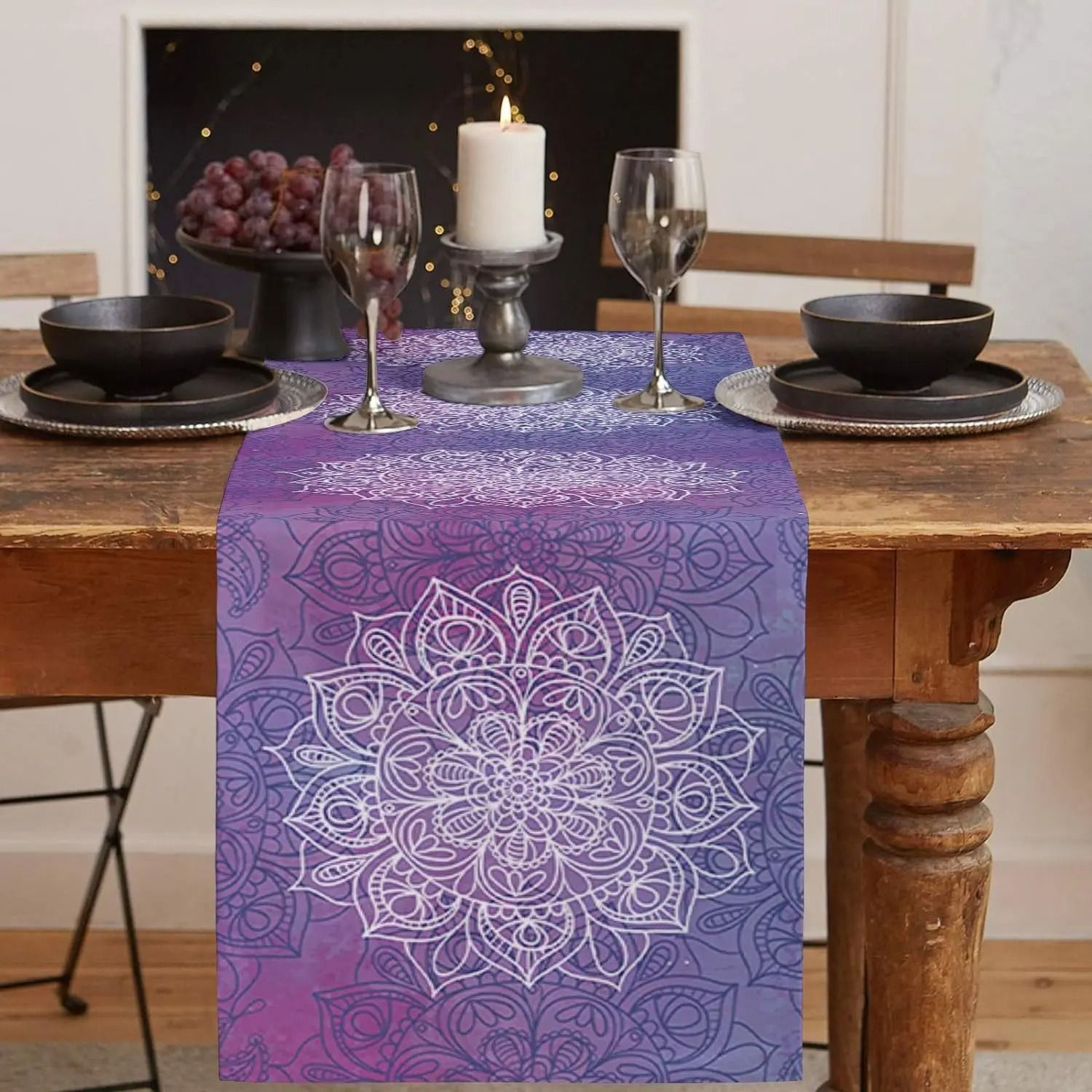 Bohemian Mandala Flower Linen Table Runner | Farmhouse Holiday Party Decor