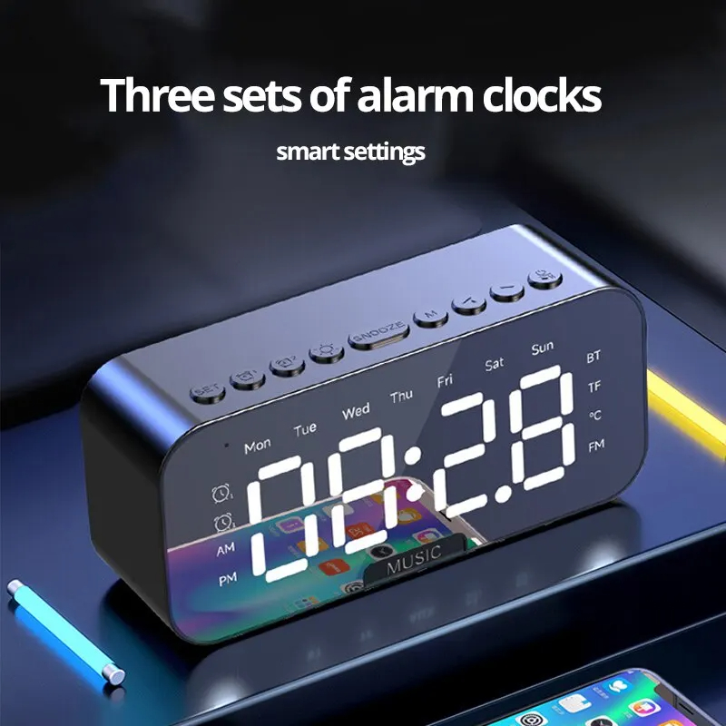 Bluetooth LED Alarm Clock, Digital Mirror Speaker, FM Radio Table Clock, Temperature Display for Bedroom Office