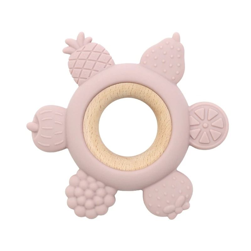 Fruit-Theme Silicone & Wooden Baby Teether – BPA-Free Infant Chewing Toy
