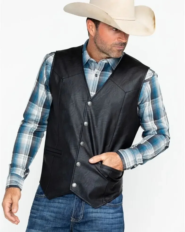 Mens Soft 100% Genuine Leather Vest, Western Biker Style, Snap Closure, Holiday Gift, Informal Attire