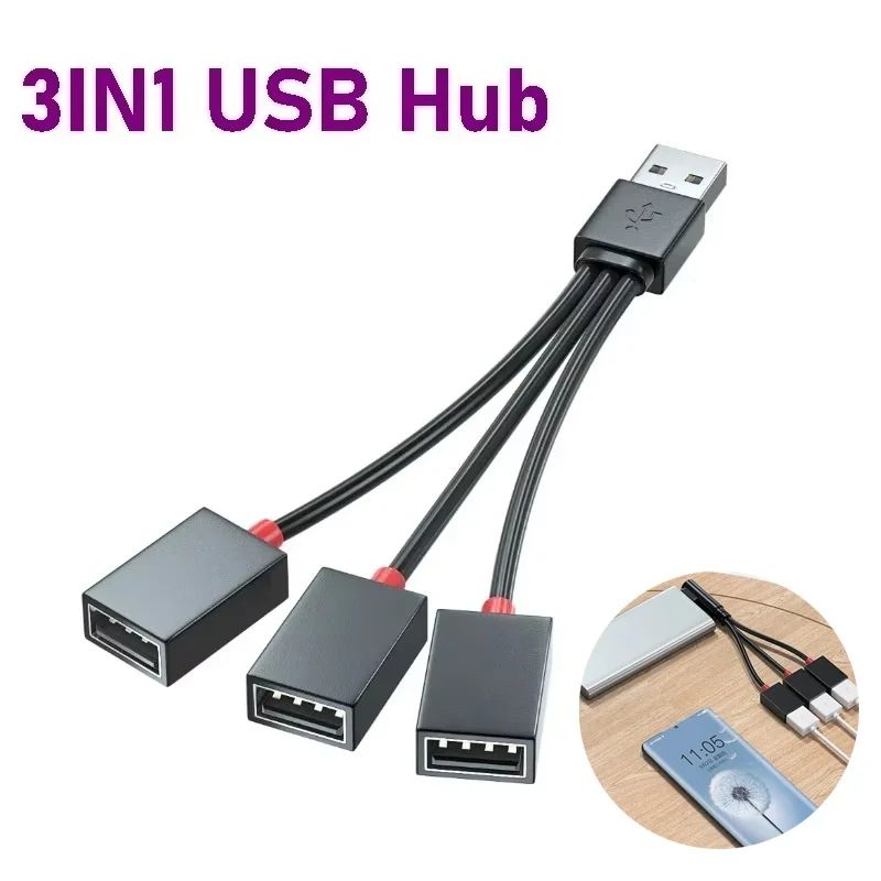 2-Port USB Splitter Hub Cable for Car & Laptop - Dual USB Adapter for Charging + Data