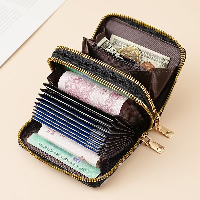 Compact Womens Card Holder Wallet Double Zipper Multi Function Organizer for Cards & Cash
