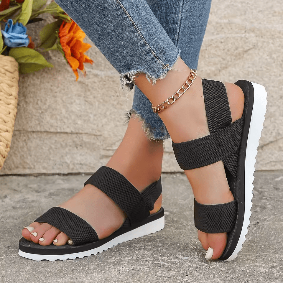 Womens Black Anti Slip Flat Sandals with Matching Sole and Shoelace Design Comfortable Summer Footwear
