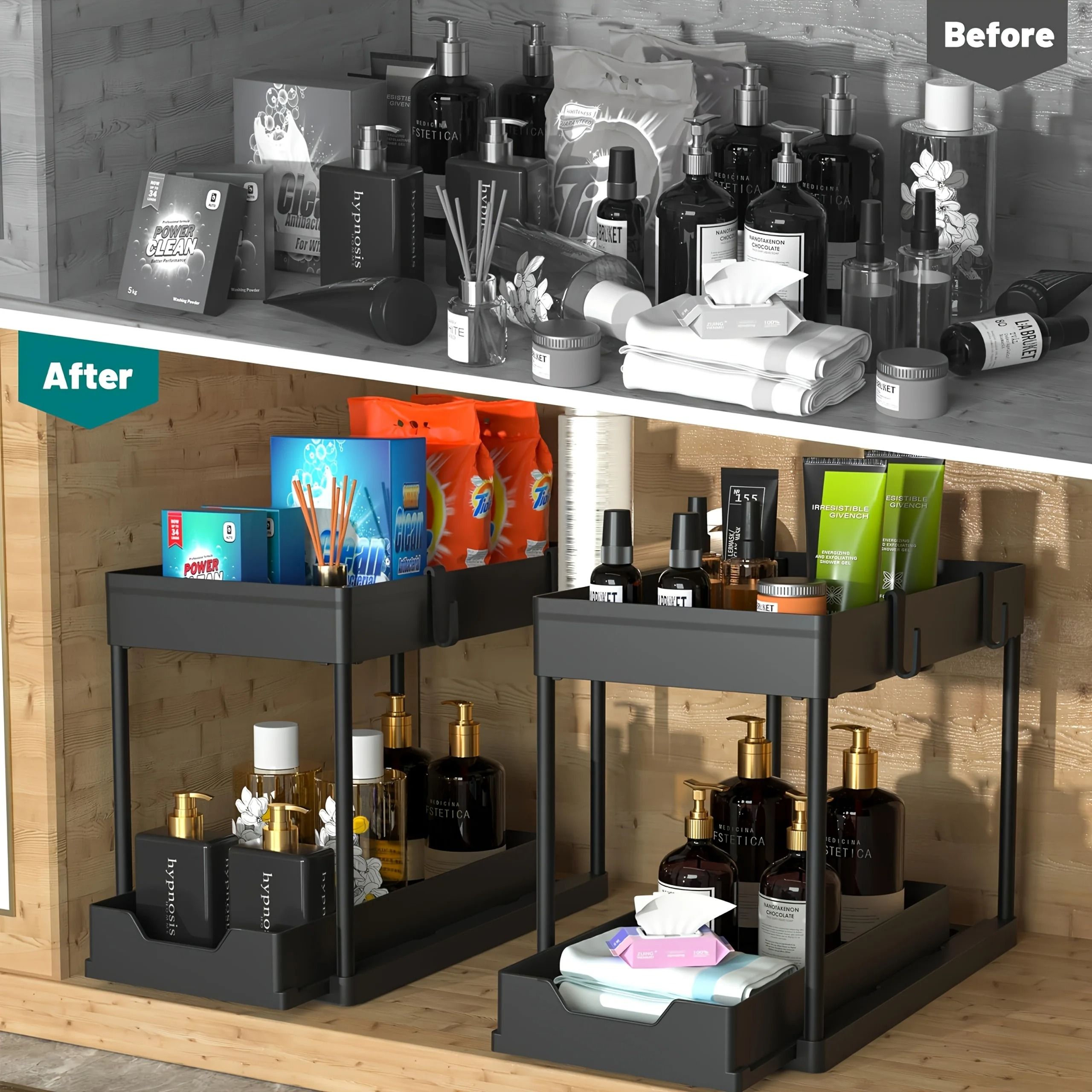 2 Tier Under Sink Organizer Sliding Cabinet Basket Storage Rack with Hooks and Hanging Cup