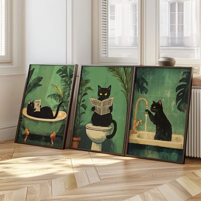 Funny Black Cat Bathroom Wall Art Set