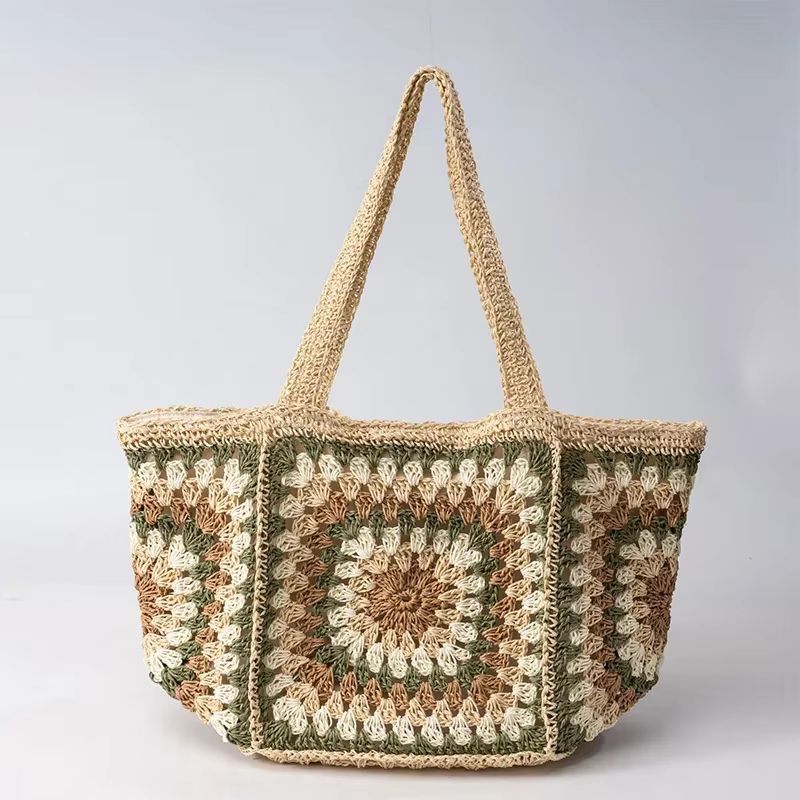 Boho Granny Square Straw Shoulder Tote Bag for Women