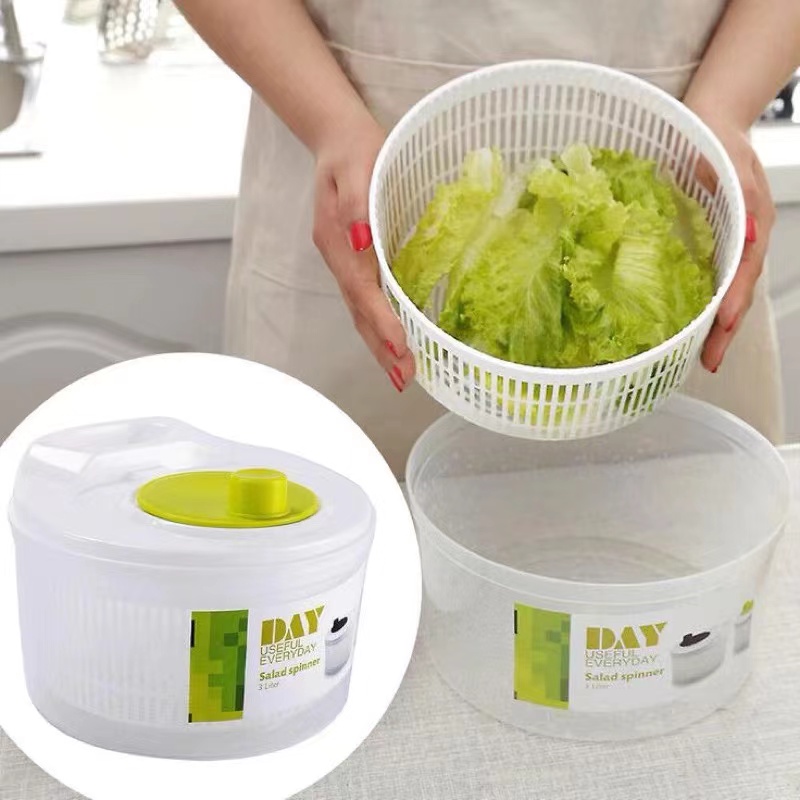 Household Vegetable Salad Washer Dehydrator, Kitchen Vegetable Washing Hand-Cranked Spinner with Double-Layer Draining