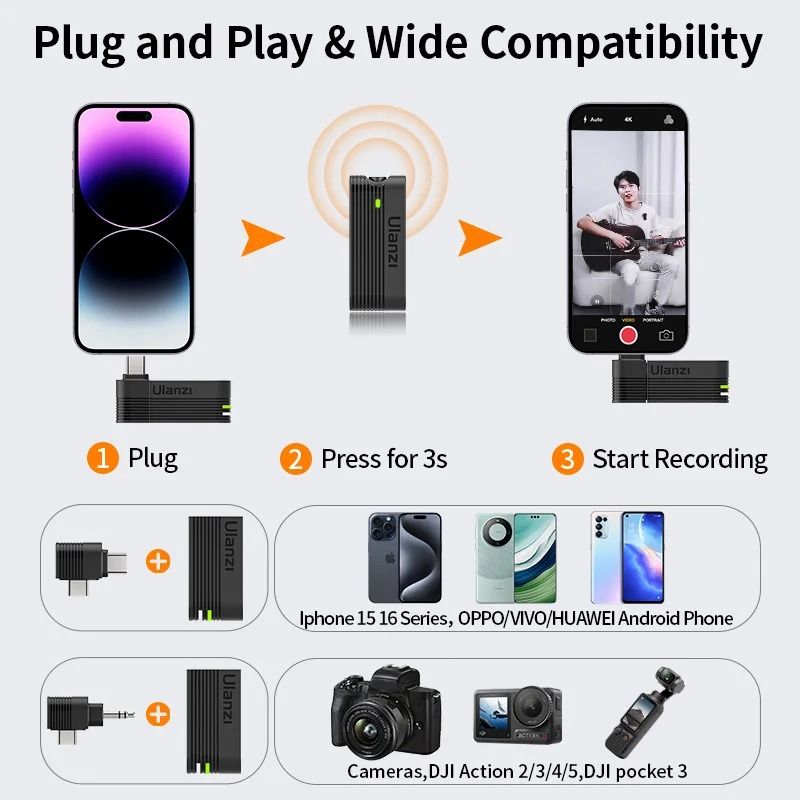 Ulanzi A100 Wireless Lavalier Microphone Kit with Charging Case