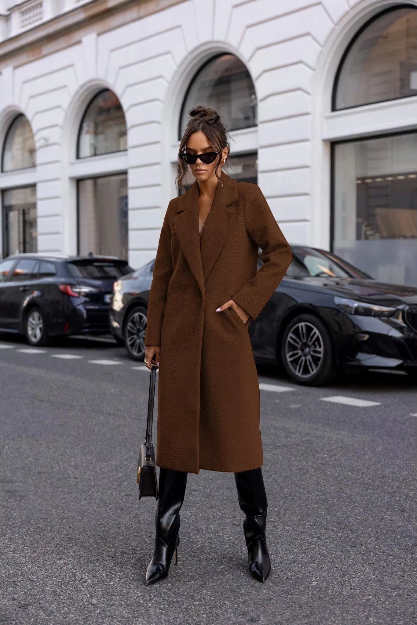 Elegant Women's Trench Coat – Mid-Long Winter Pea Coat with Notched Lapel and Pockets