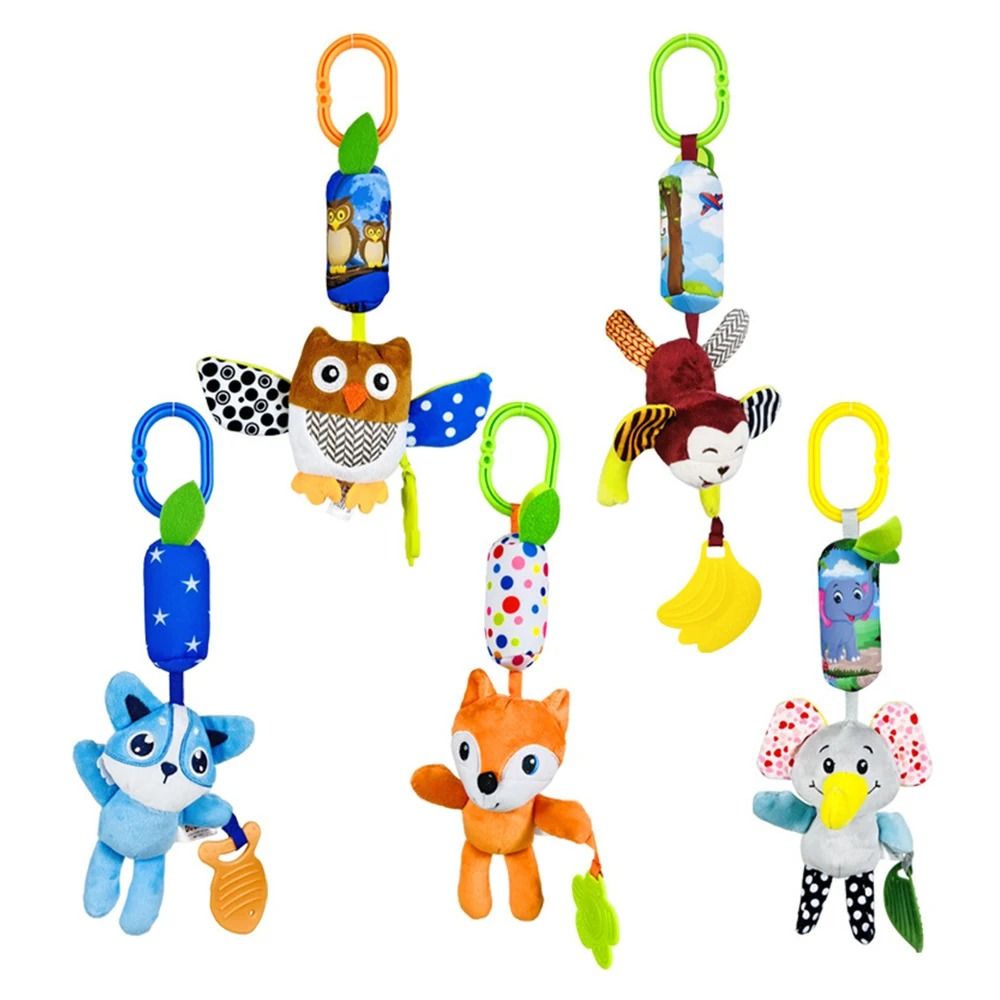 Soft Animal Hanging Handbells Rattles Plush Sensory Toy with Teether for Newborn Gifts