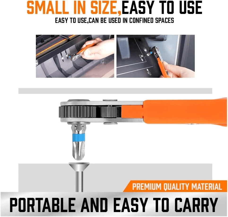Compact Right Angle Ratcheting Screwdriver with Hex Drive Bit Set