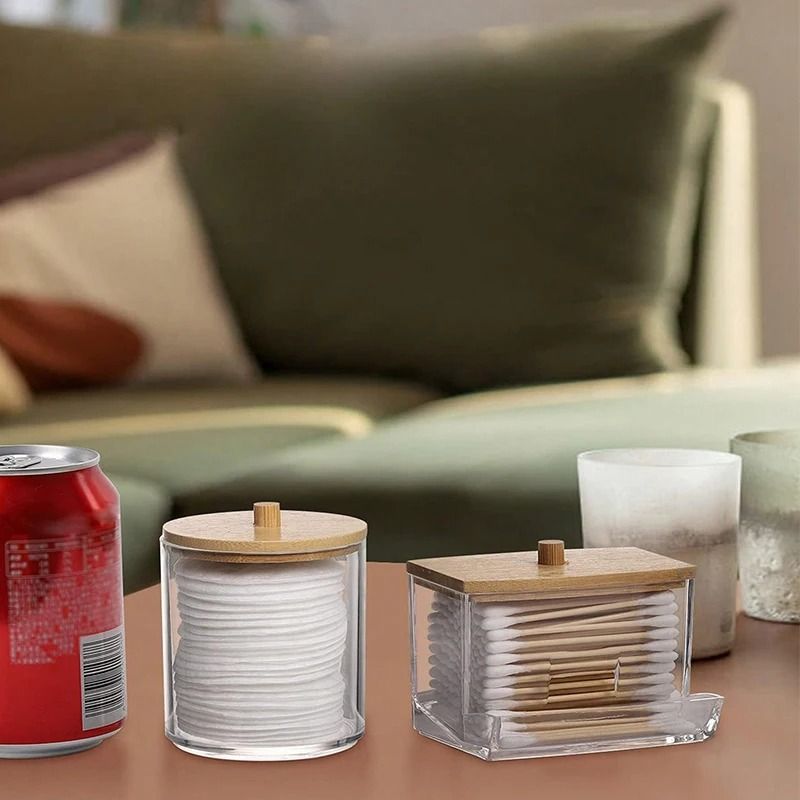 7 Oz Cotton Swab and Pad Holder with Wood Lid