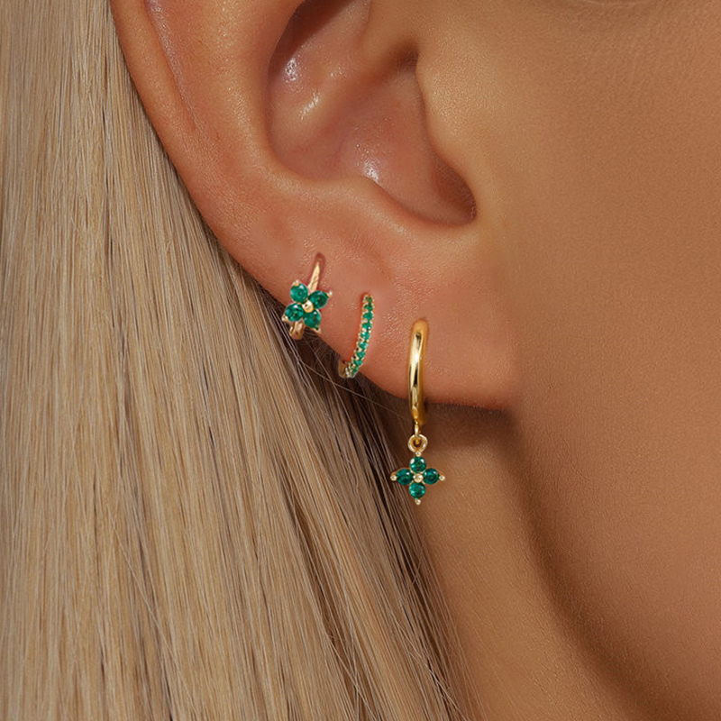 Trendy Stainless Steel Flower Drop Earring Set, Crystal Zircon Dangle Earring for Women, Elegant Piercing Jewellery