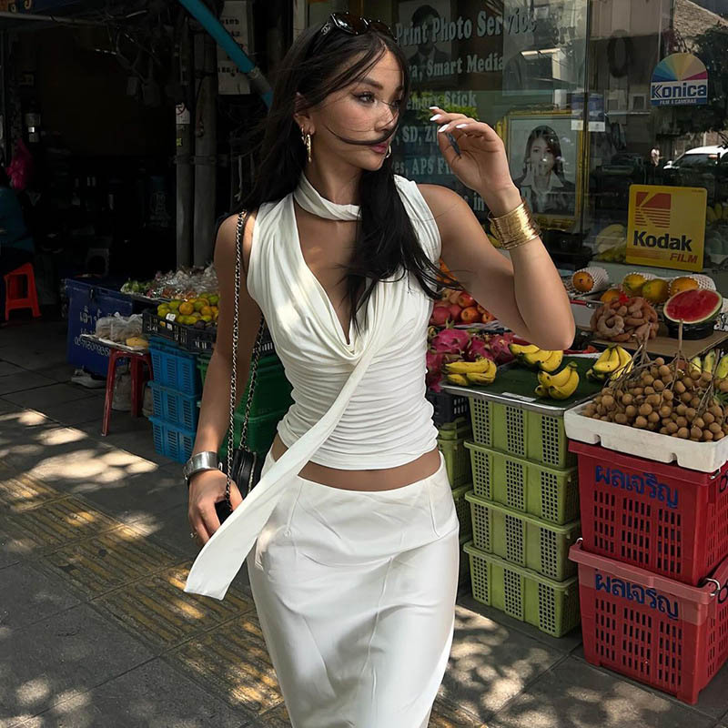 Sexy Sleeveless V-Neck Tank Top, Solid Women Summer Fashion, Casual Slim Streetwear Bandage