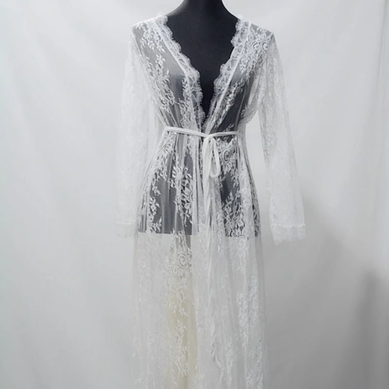 Womens Long Lace Sheer Nightgown – White Bridesmaid Robe & Sensual Kimono Bride Lingerie