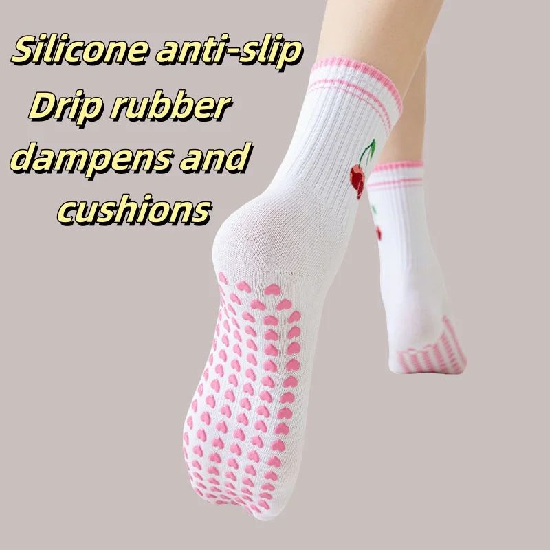 Womens Knitted Embroidered Non-Slip Yoga Socks EU 36–43 – Silicone Grip Pilates & Fitness Mid-Calf Socks