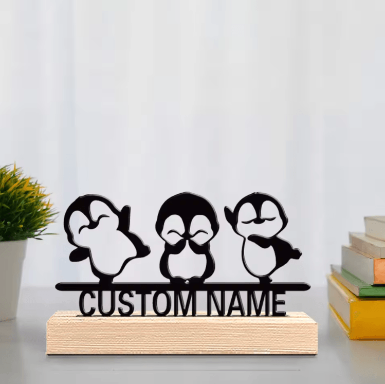 Personalized Penguin Metal Statue Trio with Wooden Base – Cute Custom Desk Decor